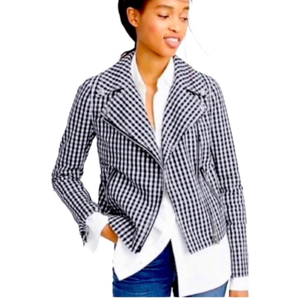 J. Crew Cotton Linen Gingham Plaid Cropped Moto Jacket Blazer Plus Size 16 1X